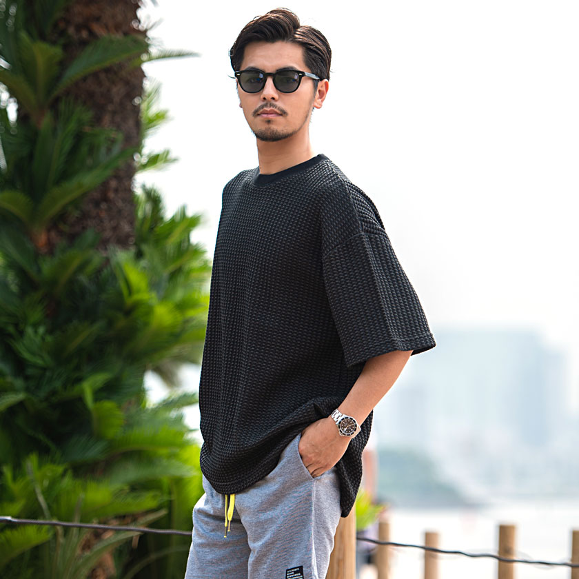 Tシャツ メンズ 半袖 無地 ブランド 綿 厚手 大きいサイズ ゆったり サマーニット ワッフル グレー 白 黒 カジュアル | CavariA | 07