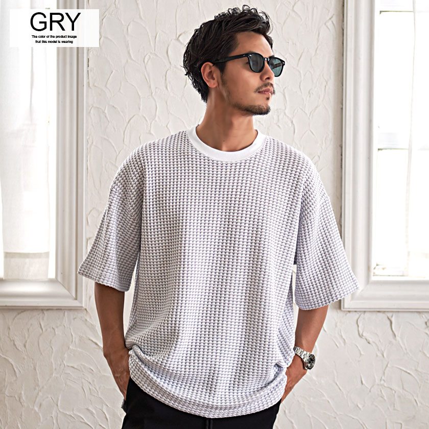 Tシャツ メンズ 半袖 無地 ブランド 綿 厚手 大きいサイズ ゆったり サマーニット ワッフル グレー 白 黒 カジュアル | CavariA | 09