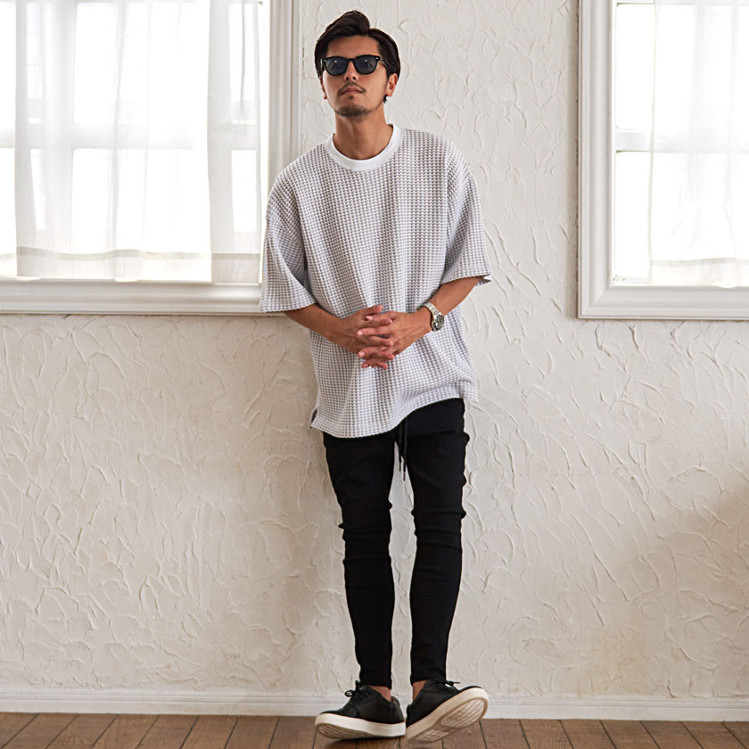 Tシャツ メンズ 半袖 無地 ブランド 綿 厚手 大きいサイズ ゆったり サマーニット ワッフル グレー 白 黒 カジュアル | CavariA | 10