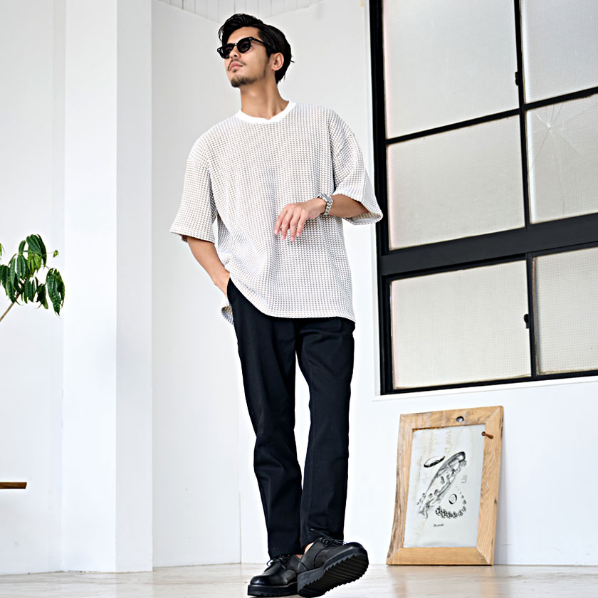 Tシャツ メンズ 半袖 無地 ブランド 綿 厚手 大きいサイズ ゆったり サマーニット ワッフル グレー 白 黒 カジュアル | CavariA | 12