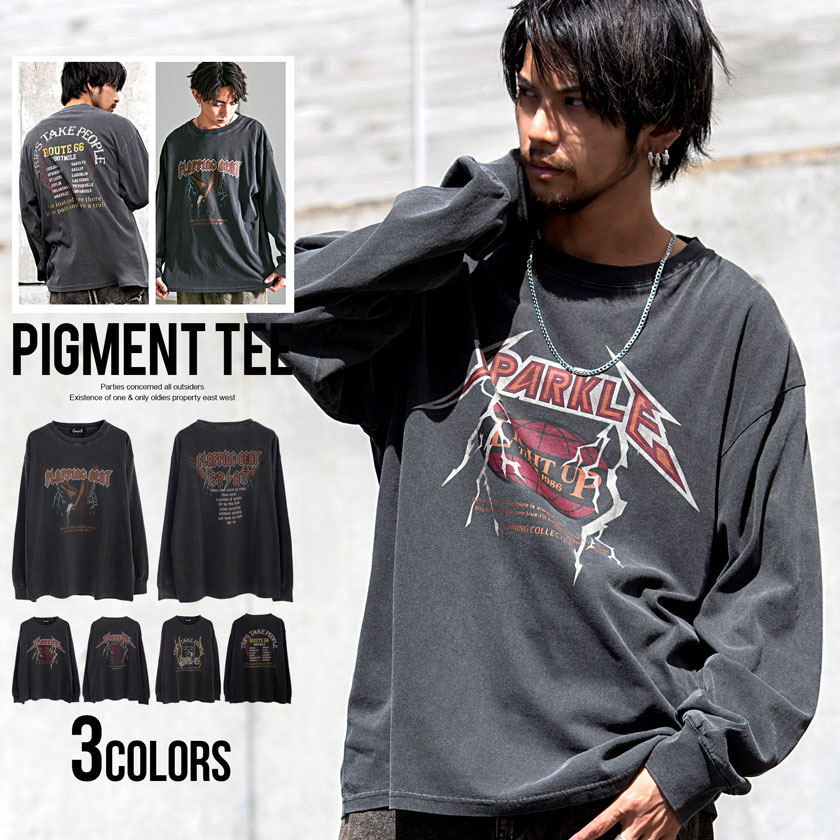 ロンT メンズ Tシャツ 長袖 プリント クルーネック ロックT バンドT ピグメント 古着風 ユーズド CavariA : caef23-03 :  SILVER BULLET Yahoo!店 - 通販 - Yahoo!ショッピング