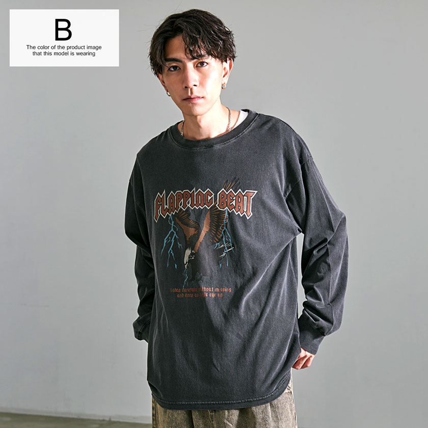 ロンT メンズ Tシャツ 長袖 プリント クルーネック ロックT バンドT ピグメント 古着風 ユーズド CavariA｜silverbulletxfuga｜06