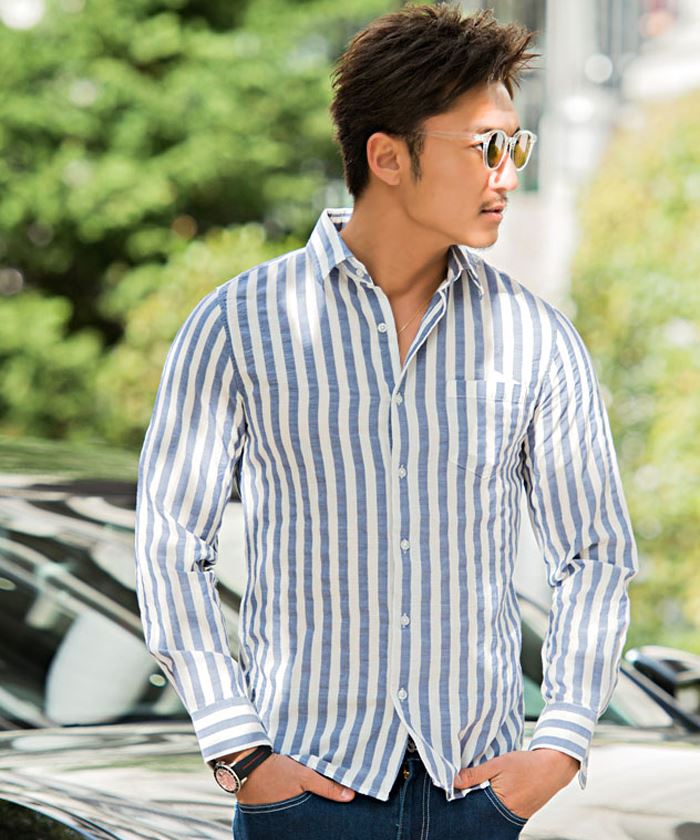 カジュアルシャツ メンズ 50代 〜60 綿 長袖 ビジネス パナマ ストライプ柄 春 夏 父の日