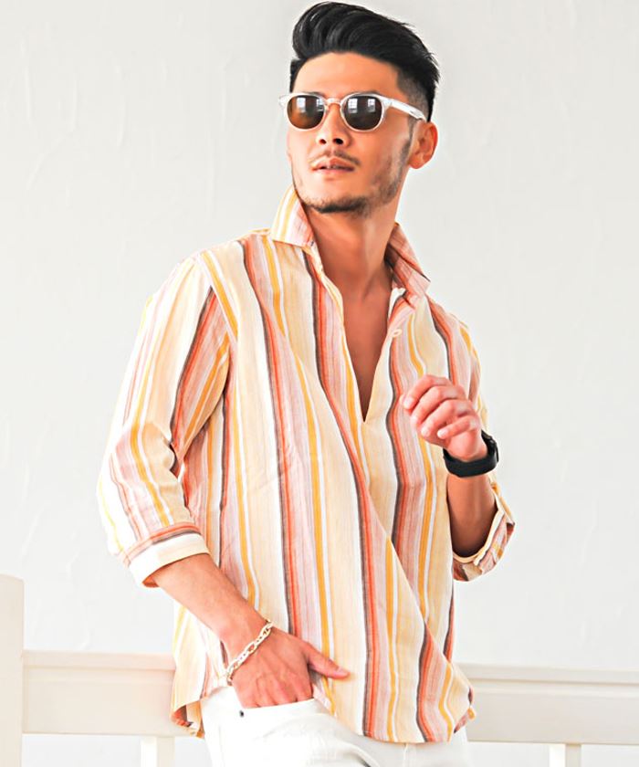 カジュアルシャツ メンズ 50代 〜60 綿 7分袖 パナマ ストライプ柄 ゆったり 春 夏 父の日