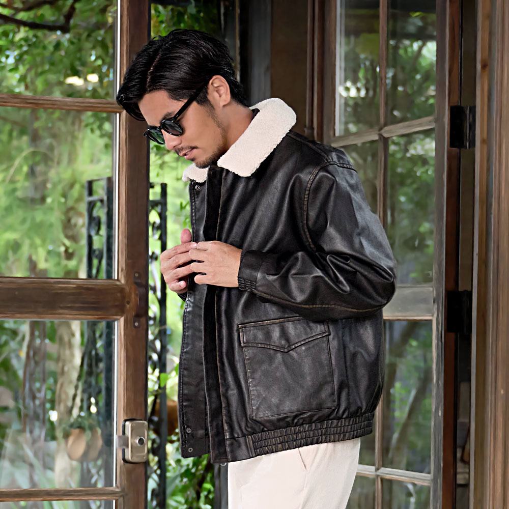 CavariA（キャバリア） レザージャケット メンズ 2WAY ボア襟 革ジャン