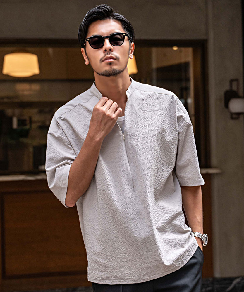CavariA（キャバリア） バンドカラーシャツ メンズ 半袖 5分袖 ハーフ