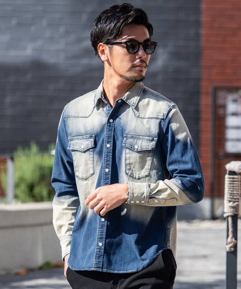 CavariA（キャバリア） カジュアルシャツ メンズ 50代 〜60 綿 デニム 