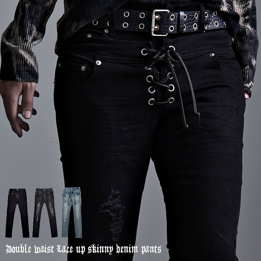 CavariA（キャバリア） スキニーパンツ メンズ ブラックデニム レース