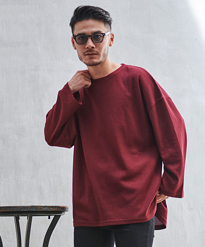 CavariA ロンT メンズ Tシャツ 長袖 無地 厚手 ワッフル