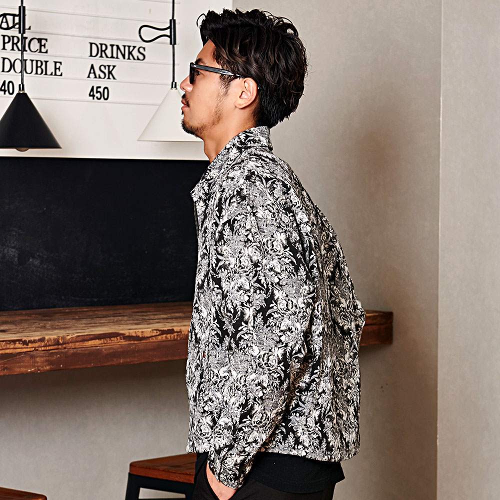 ブルゾン メンズ ジャケット おしゃれ ゴブラン織り アウター 花柄 ジップジャケット ジップブルゾン ビッグシルエット オーバーサイズ ショート丈 ブラック 黒 古着風 ヴィンテージ ビンテージ CavariA キャバリア ブランド M L カジュアル メンズファッション [CARE24-37] CavariA（キャバリア） ブルゾン メンズ ジャケット ゴブラン織り