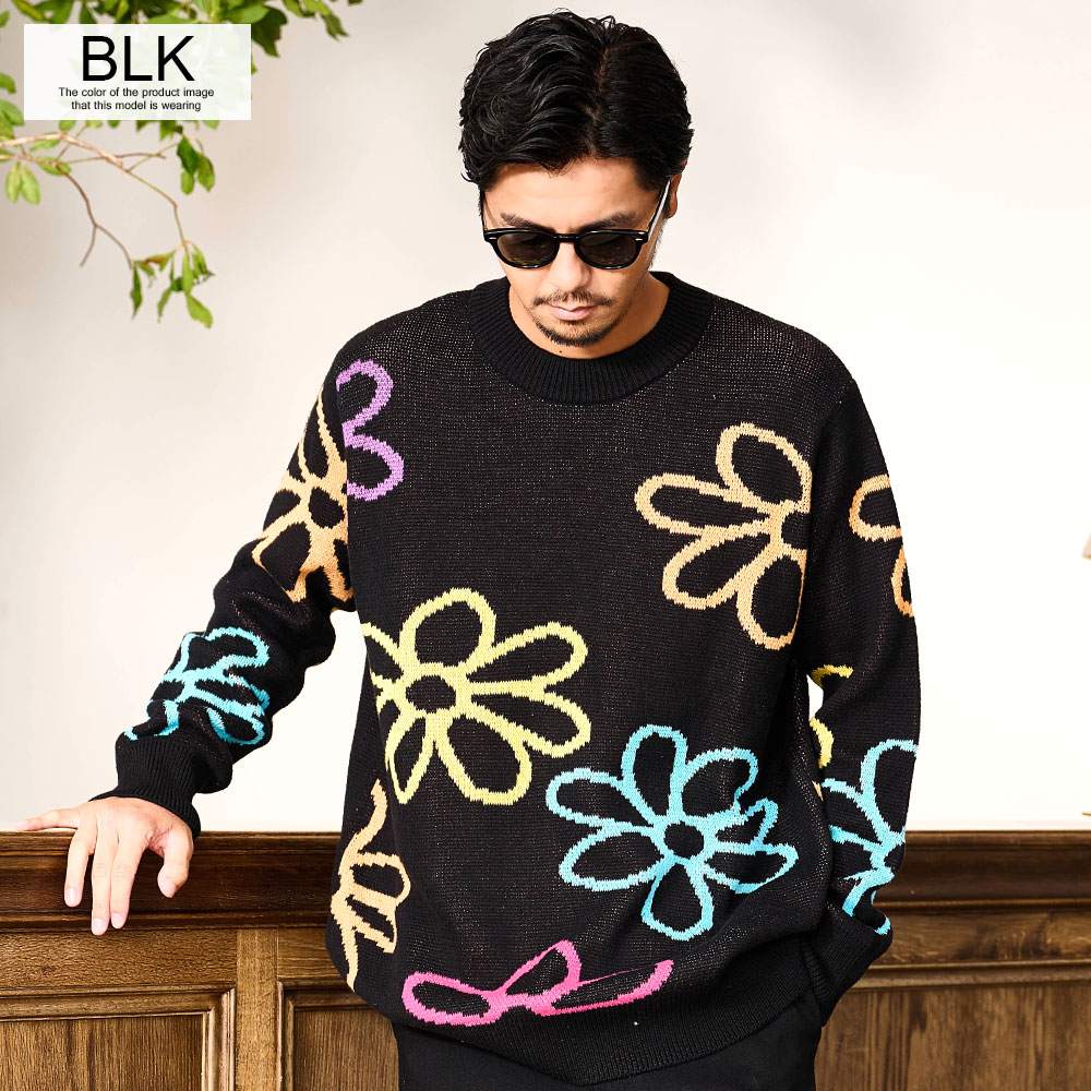 CavariA（キャバリア） ニット メンズ セーター ジャガード フラワー