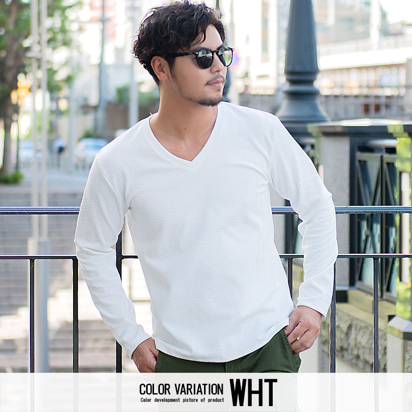 長袖Tシャツ メンズ Vネック ロンT 無地 細身 ストレッチ カジュアル 白 黒 カットソー インナー ヘリンボーン柄 CavariA 秋 冬 