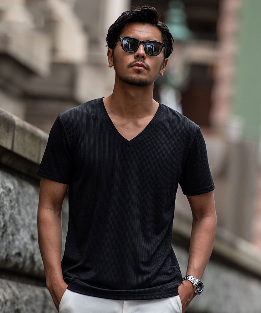 CavariA Tシャツ メンズ 半袖 無地 ブランド Vネック ストライプ