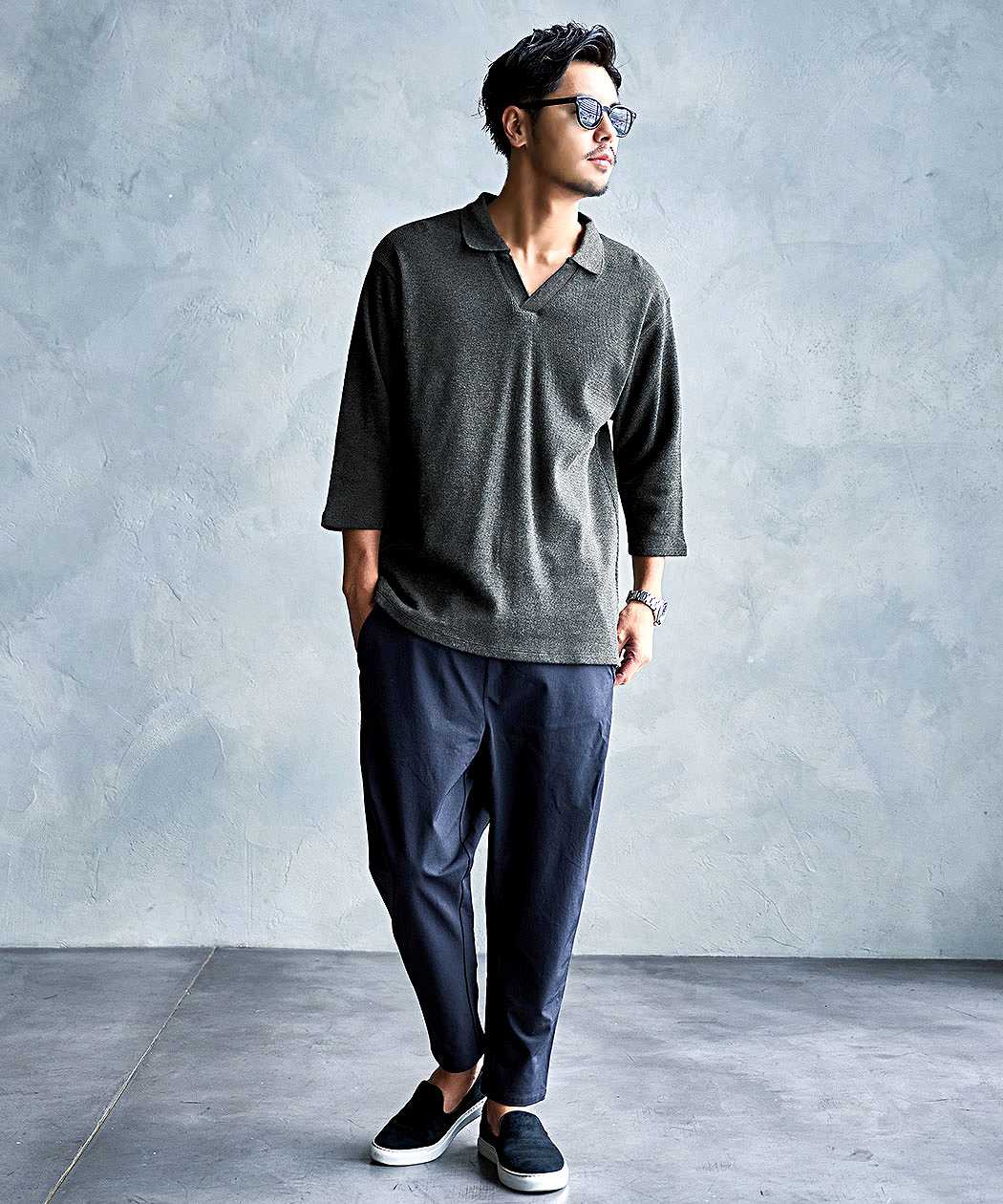 CavariA（キャバリア） ポロシャツ メンズ 7分袖 スキッパー Vネック 