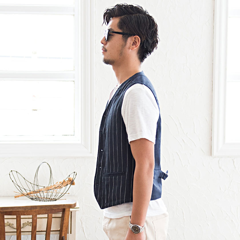 Quot セットアップ可 ベスト メンズ ブランド カジュアル 在宅 リモート 大人 シンプル ジレ 綿麻 ストライプ柄 コットンリネン きれいめ 上品 Cavaria 春 夏 予約販売