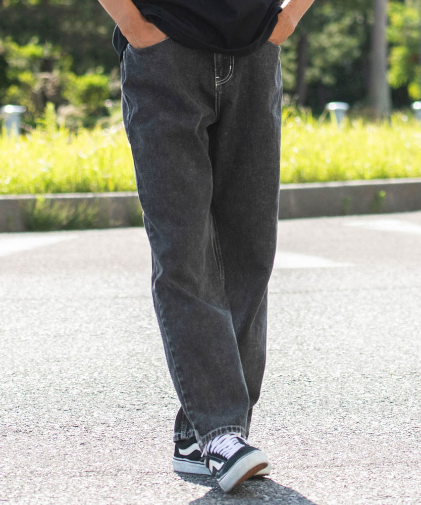 デニムパンツ メンズ ワイドパンツ 太め ジーンズ ジーパン バギー ストレート ゆったり 黒 40代 50代 | CavariA | 01