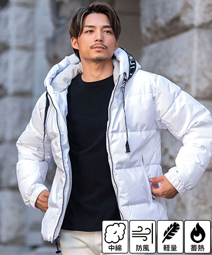 中綿ジャケット メンズ ブルゾン 大きいサイズ 防寒 フード 白 黒 M L XL 秋 冬 40代 50代