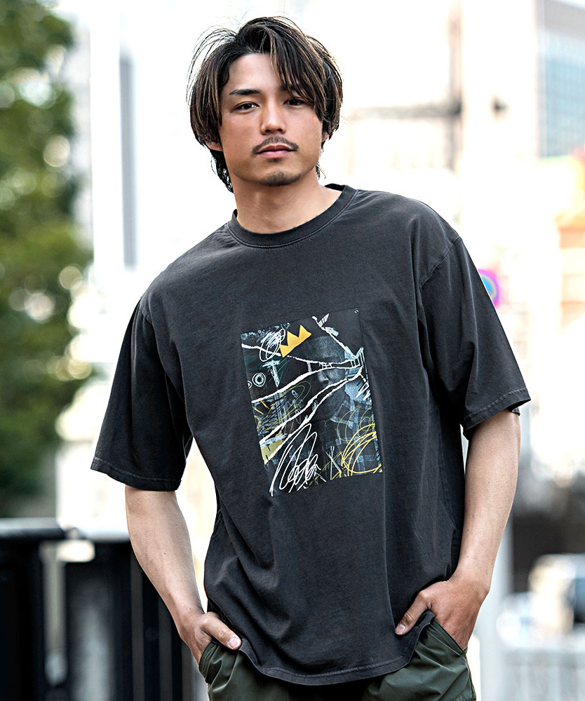 Cavaria プリント Tシャツ 44 黒　キャバリア CavariA Tシャツ メンズ ブランド 半袖 古着風 大きいサイズ