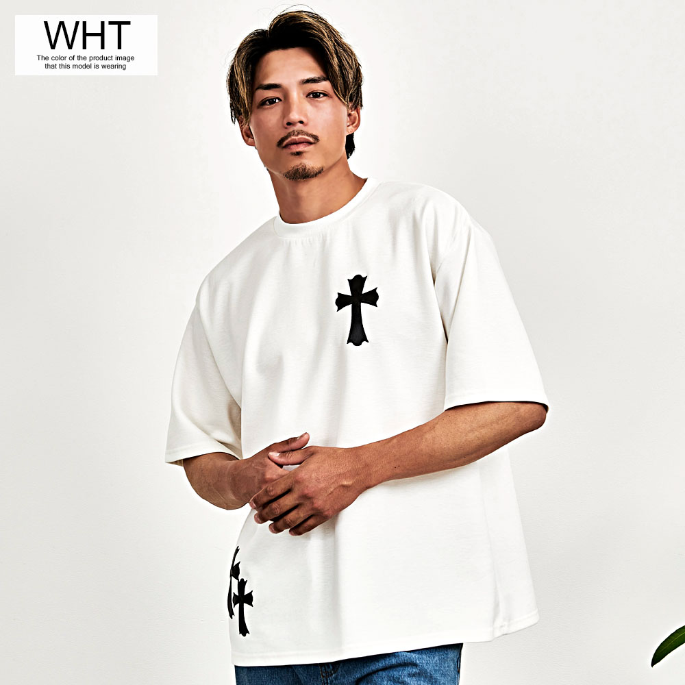 CavariA Tシャツ メンズ 半袖 ブランド 十字架 ワッペン 刺繍