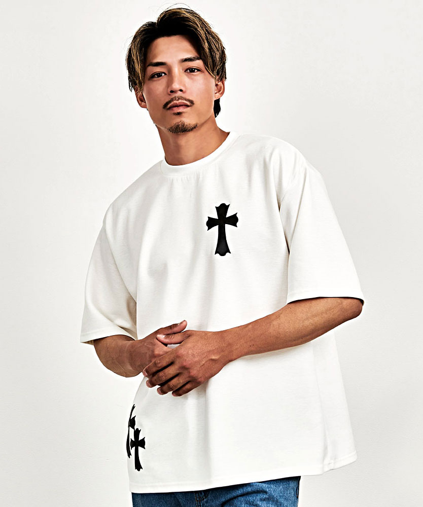 CavariA Tシャツ メンズ 半袖 ブランド 十字架 ワッペン 刺繍