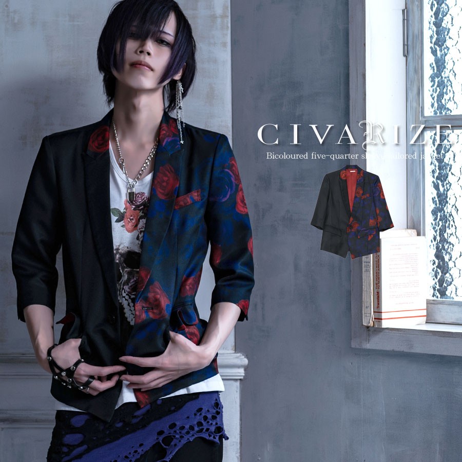 クーポン対象外 Civarize シヴァーライズ 6分袖ローズプリントテーラードジャケット 全1色 ジャケット レディース V系 メンズ お得 薔薇 ロック 黒