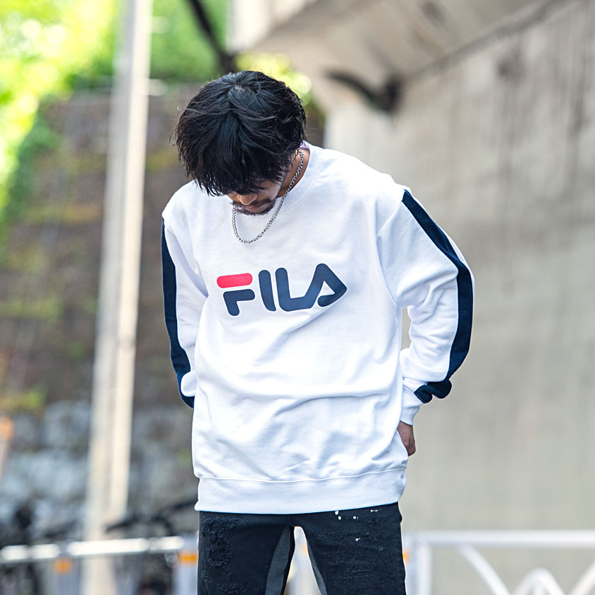 セットアップ可 FILA フィラ トレーナー メンズ スウェット ブランド クルーネック スエット 裏毛 ロゴ プリント 袖ライン カジュアル  スポーティー 春 秋 