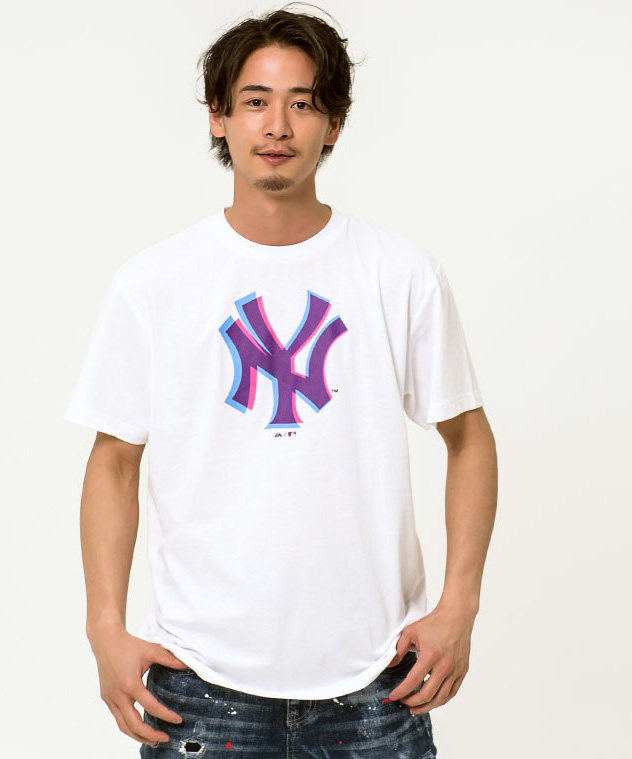 半袖Tシャツ メンズ クルーネック Majestic マジェスティック NYK Anaglyph Logo S/S Tee/全2色 ヤンキース ブラック ホワイト M L XL 春 夏｜silverbulletxfuga｜02