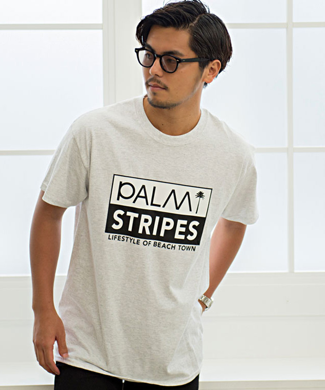 半袖Tシャツ メンズ クルーネック PALM/STRIPES パームストライプス ヤシの木ロゴプリン...