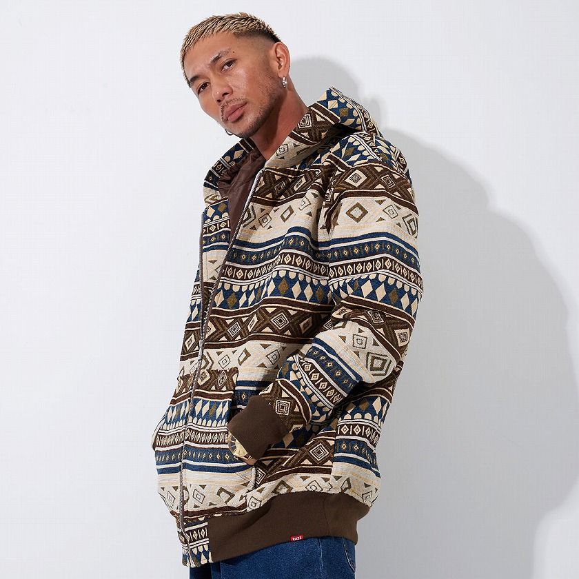 パーカー メンズ ネイティブ柄 ジップアップ トップス ブラウン オレンジ ブルー RAZZIS ラズ ユニセックス ストリート カジュアル M L XL BITTER系 ビター系 春 即日発送 [RZPG20-48] RAZZIS パーカー メンズ ネイティブ柄 ジップアップ ブラウン オレンジ