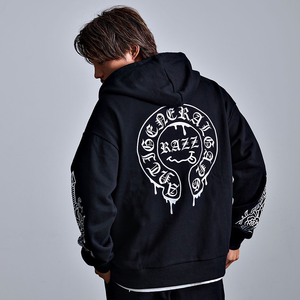 Moi dix Mois 20周年記念ビッグシルエットパーカー 黒×ホワイト RAZZIS パーカー メンズ 長袖 裏毛 大きいサイズ ダブルジップ 刺繍