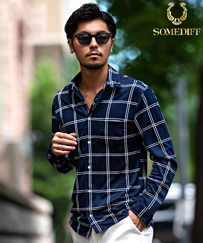 イタリアンカラー総柄長袖シャツ メンズ 無地 千鳥柄 チェックシャツ スリムフィット 冬服（ [ [サムディフ] イタリアンカラー総柄シャツ の存在感と遊び心 メンズ 長袖シャツ 襟ワイヤー入り 襟立て シャツ チェック 千鳥 ウ