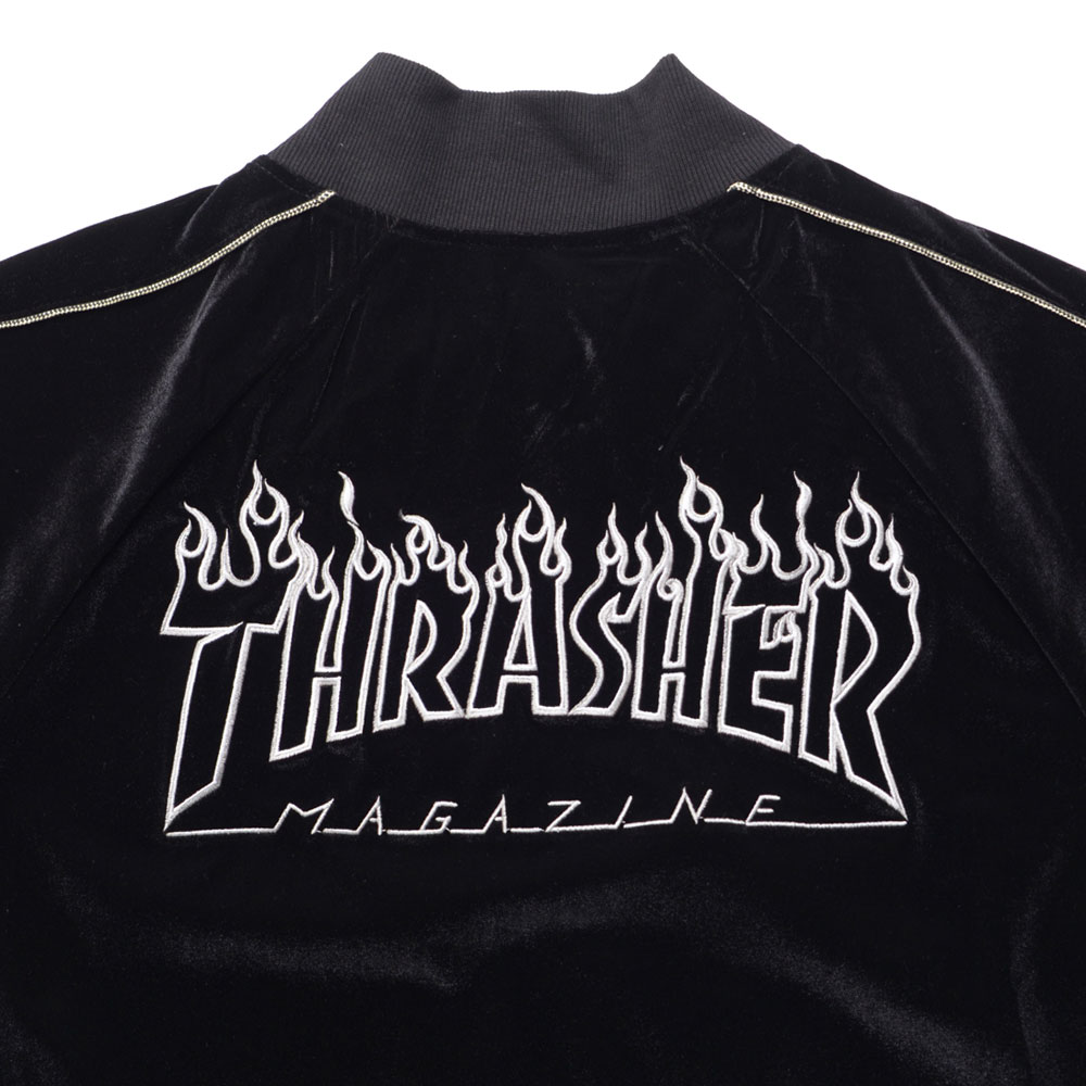 シュプリーム × スラッシャー 刺繍ロゴ スカジャン ブルゾン セール】【at】〔THRASHER/スラッシャー〕ロゴ刺繍ベロアスカジャン