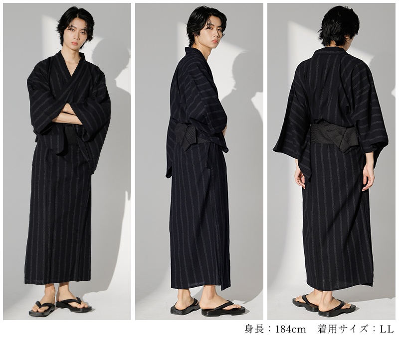 浴衣 メンズ 3点セット 夏 作り帯 下駄 縞...の詳細画像5