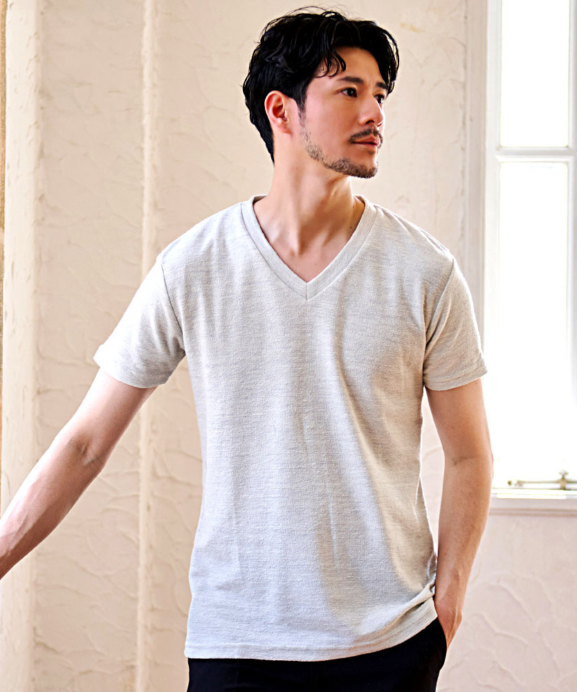 Vicci（ビッチ） Tシャツ メンズ 半袖 Vネック 無地 ボーダー柄 薄手