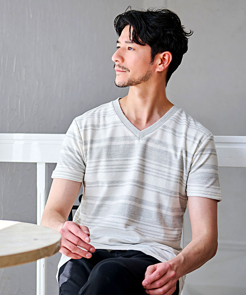 Vicci Tシャツ メンズ 半袖 Vネック 無地 ボーダー柄 薄手