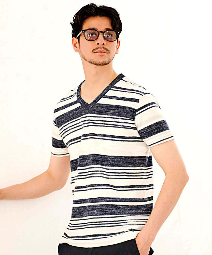 【激安アウトレット!】 Vネック 半袖 メンズ Tシャツ Vicci 無地 薄手 ボーダー柄 作業服
