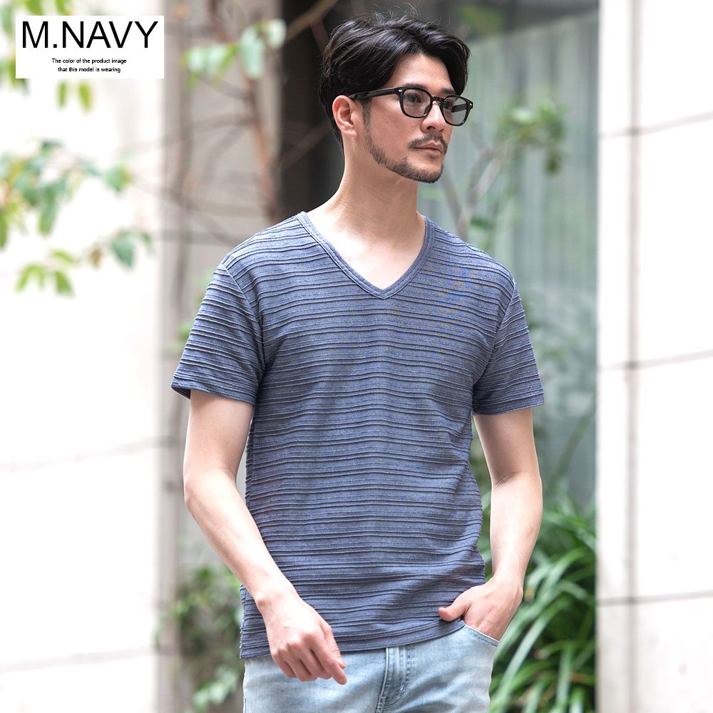 Tシャツ メンズ 半袖 ブランド おしゃれ Vネック 無地 ボーダー柄 細身 M L XL | Vicci | 23