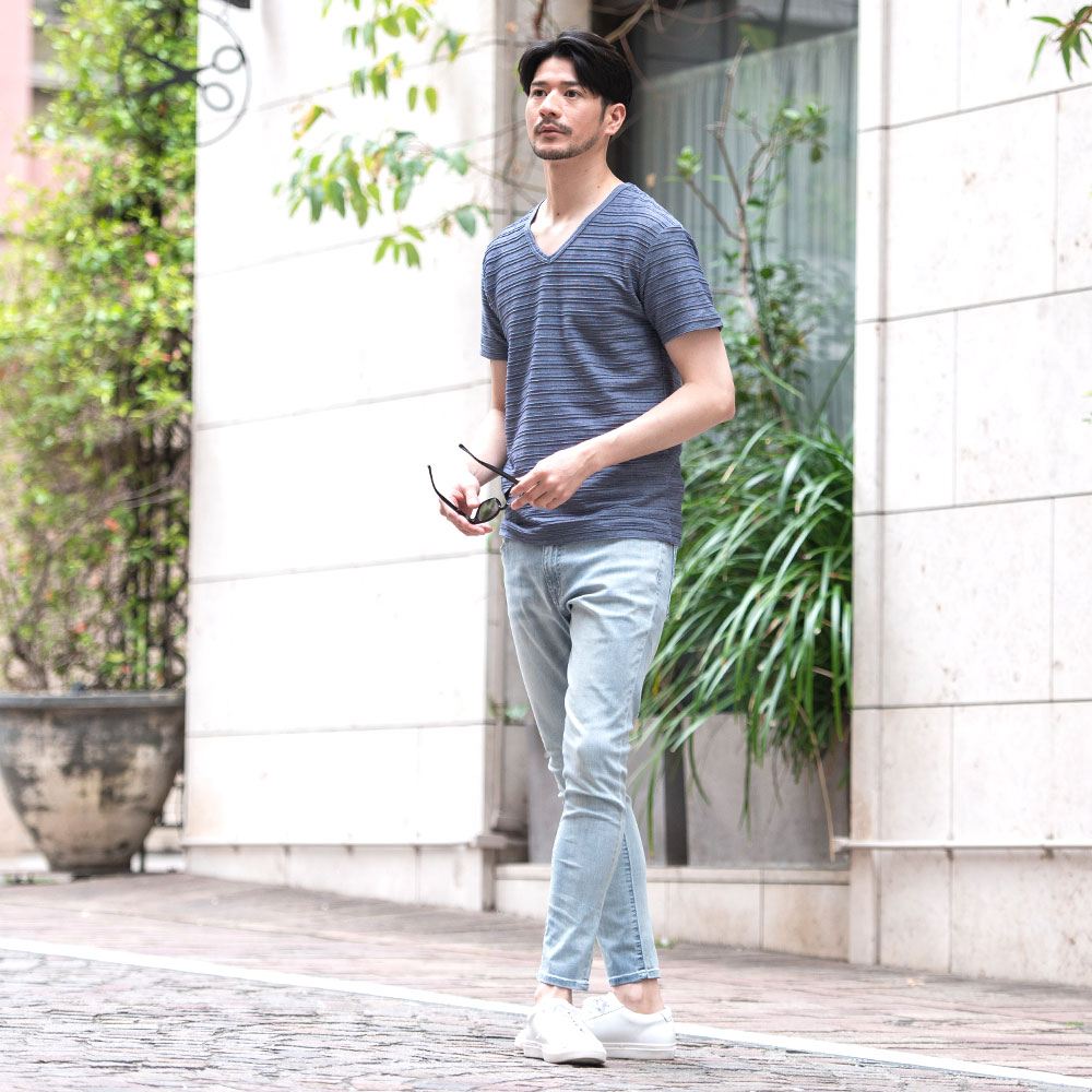 Tシャツ メンズ 半袖 ブランド おしゃれ Vネック 無地 ボーダー柄 細身 M L XL | Vicci | 24