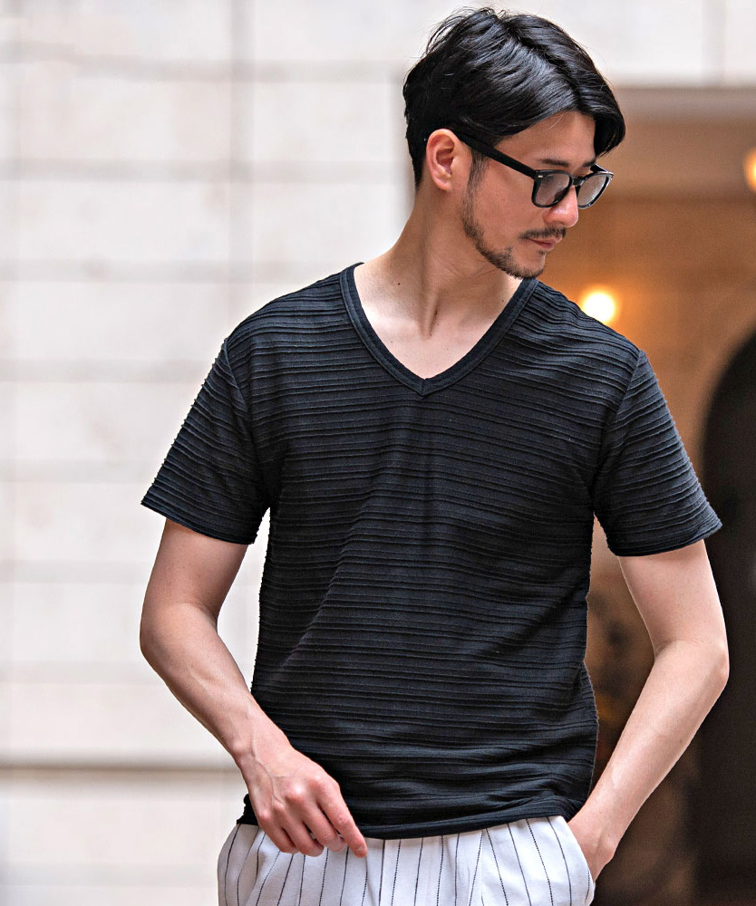 Tシャツ メンズ 半袖 ブランド おしゃれ Vネック 無地 ボーダー柄 細身 M L XL | Vicci | 01