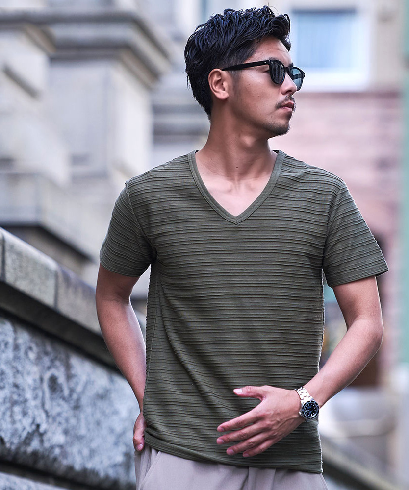 Tシャツ メンズ 半袖 ブランド おしゃれ Vネック 無地 ボーダー柄 細身 M L XL | Vicci | 02