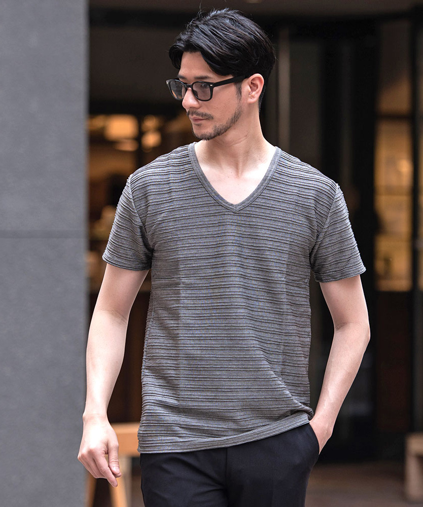 Tシャツ メンズ 半袖 ブランド おしゃれ Vネック 無地 ボーダー柄 細身 M L XL | Vicci | 03