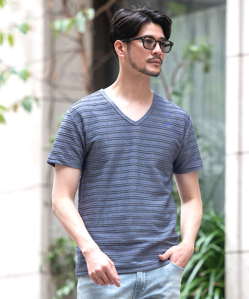 Tシャツ メンズ 半袖 ブランド おしゃれ Vネック 無地 ボーダー柄 細身 M L XL | Vicci | 04