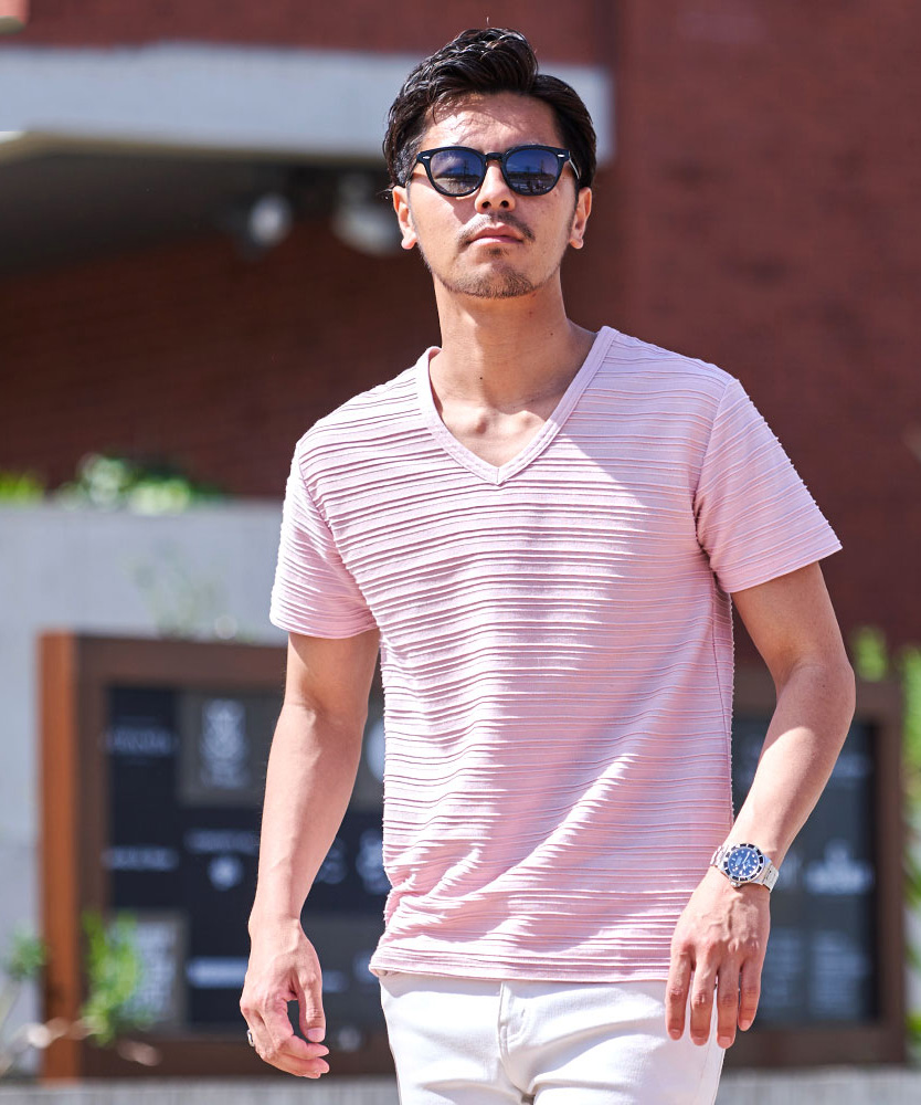 Tシャツ メンズ 半袖 ブランド おしゃれ Vネック 無地 ボーダー柄 細身 M L XL | Vicci | 06