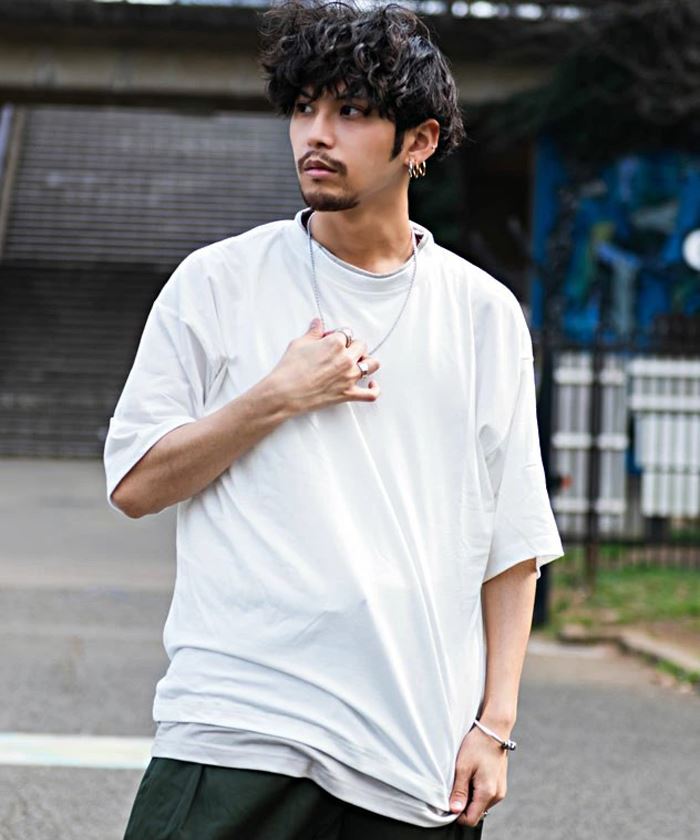 men's半袖Tシャツ重ね着風白MサイズコットンTシャツホワイト 新しい