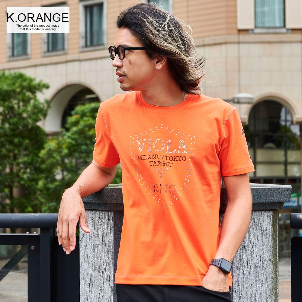shhlll オレンジ Tシャツ XL VIOLA Tシャツ メンズ 半袖 ブランド ヴィオラ 綿 ラインストーン ロゴ