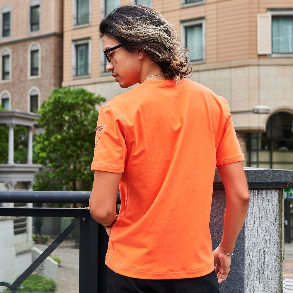 ダンスウィズドラゴン　モックネック半袖シャツ　ラインストーン　蛍光オレンジ　5 VIOLA Tシャツ メンズ 半袖 ブランド ヴィオラ 綿 ラインストーン ロゴ