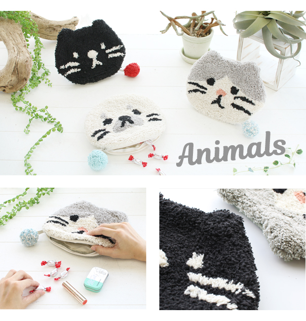 ぽこもこ ポーチ 小物入れ 化粧ポーチ メイクポーチ かわいい おしゃれ 布 綿 シェニール織 刺繍 スマイル 犬 猫 ネコ 動物 14217-000 14218-000 | ブランド登録なし | 03