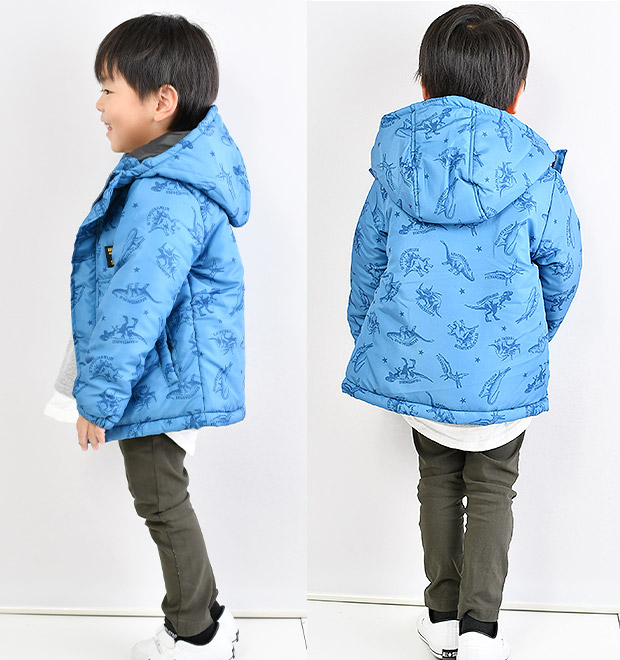 BlueMart 恐竜 ジャケット パーカー キッズ 男の子 アウター ジャンパー 総柄 子供服 あったか ふわふわ  フード 110-130 ブルー マスタード｜sime-fabric｜06