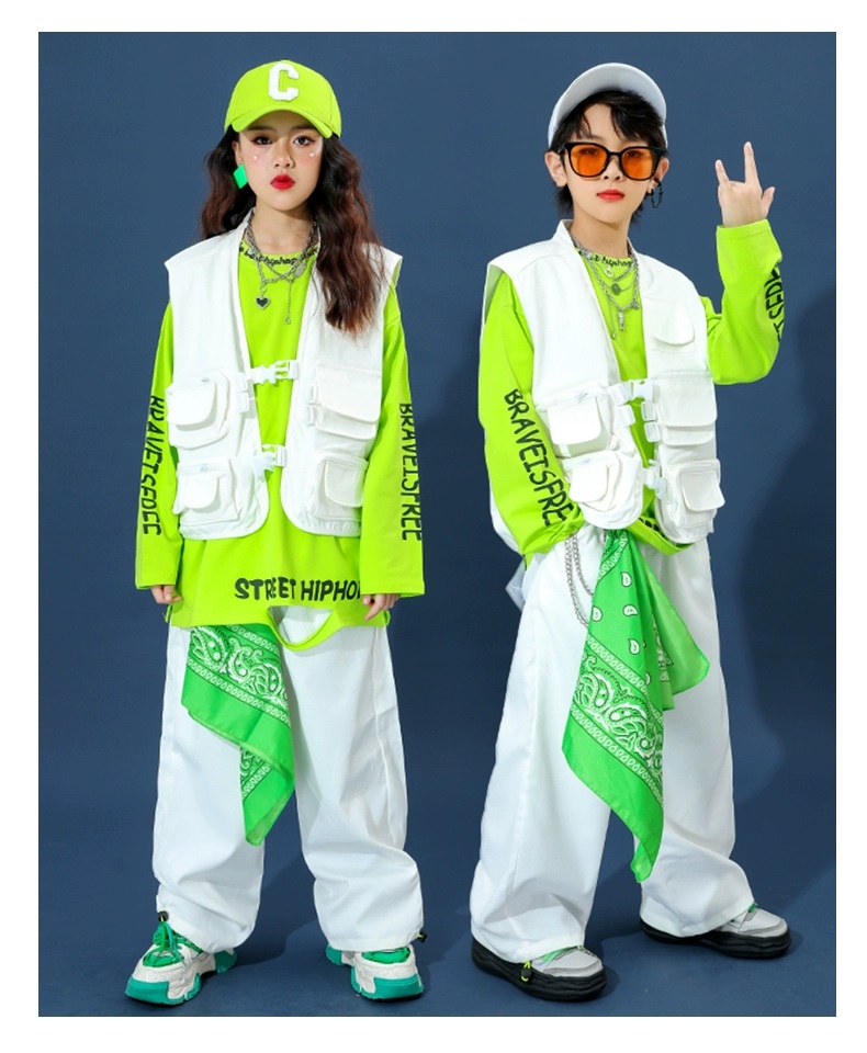キッズダンス衣装 ヒップホップ セットアップ フィッシングベスト パンツ K-POP 韓国 白 通販  