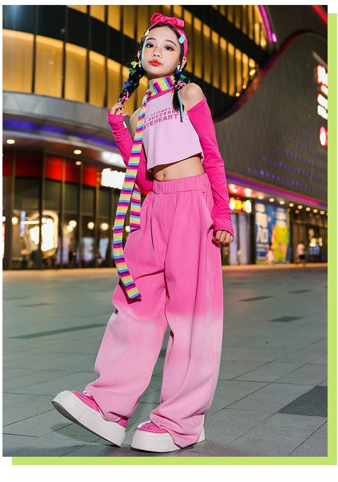 キッズダンス衣装 セットアップ ガールズ ヒップホップ ファッショントップス パンツ 派手 K-POP 韓国 グラデーションパンツ 紫 ピンク 黄色